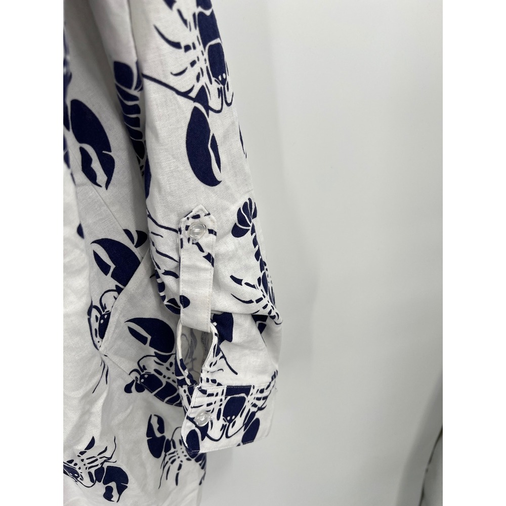 Sigrid Olsen Womens Linen Lobster Print Tunic Top‎ White Navy Blue Roll Tab Med - Picture 8 of 11